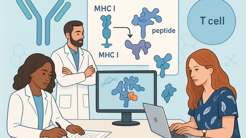 Illustration of scientists in a lab examining molecular structures on a computer, with a diagram showing MHC I and peptide interactions, and a label for T cell.
