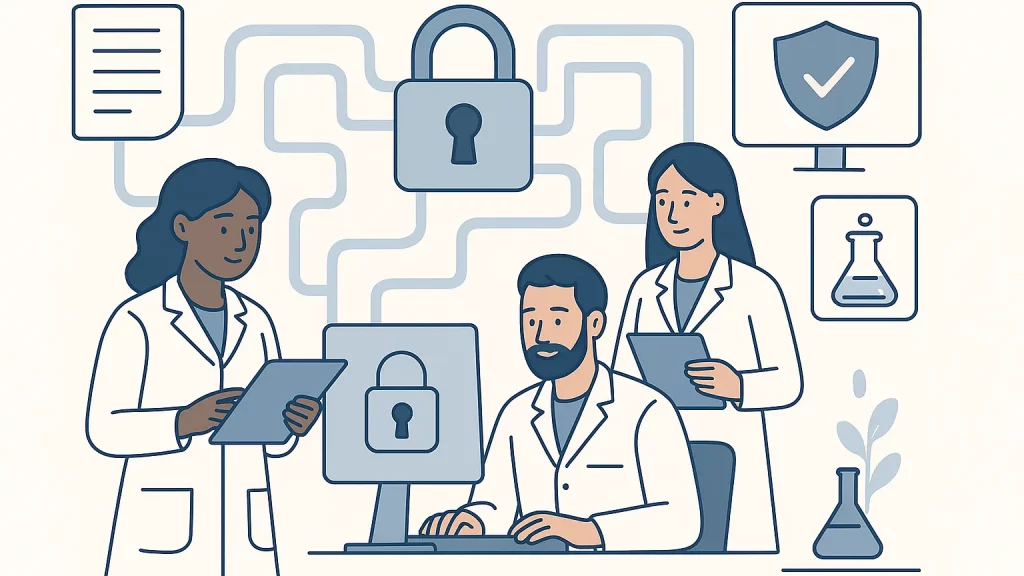 Illustration of three scientists in lab coats working on cybersecurity, with interconnected padlock icons and laboratory equipment in the background.