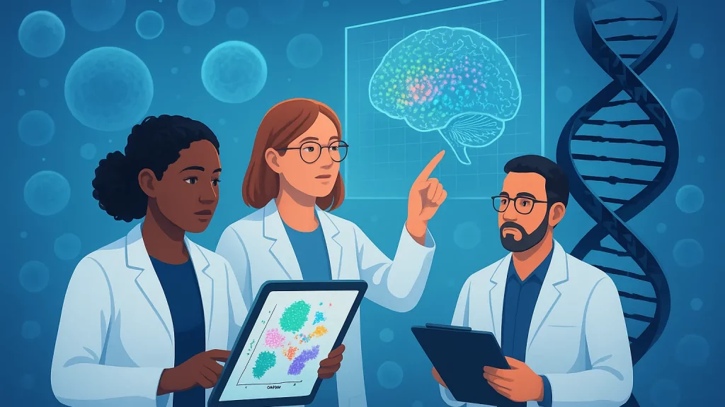 Illustration of three scientists in lab coats discussing brain research, with one pointing at a brain diagram on a screen and another holding a tablet showing data, set against a backdrop of DNA and cells.
