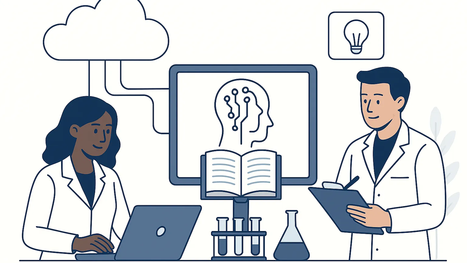 Illustration of two scientists in a lab, one working on a laptop and the other holding a clipboard. Behind them is a screen displaying a digital brain, with books and lab equipment on the table.