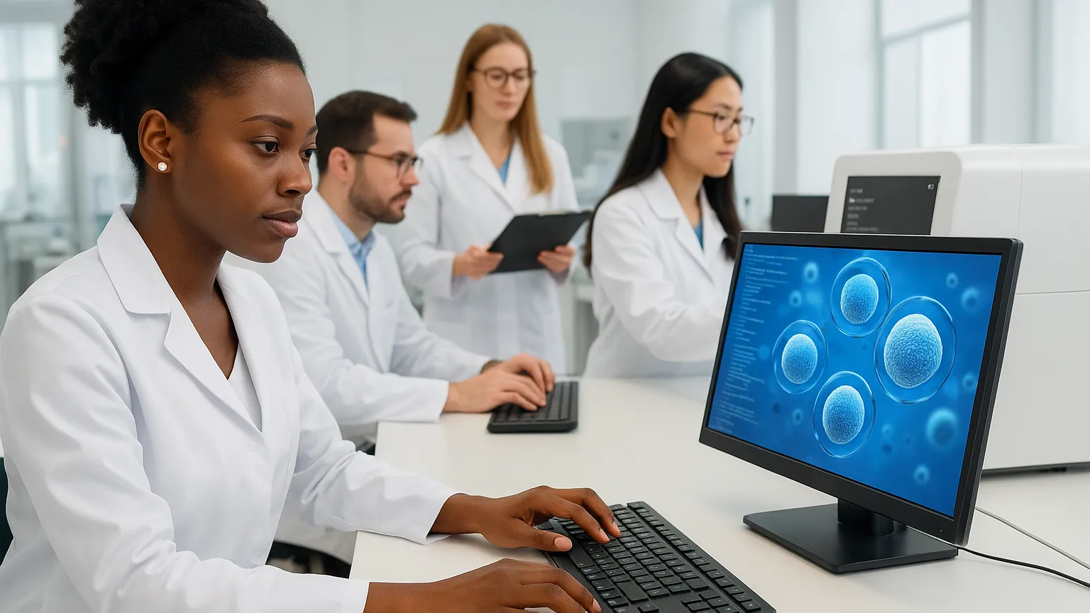 A group of scientists in white lab coats working at desktop computers, with biological cell imagery displayed on a screen.