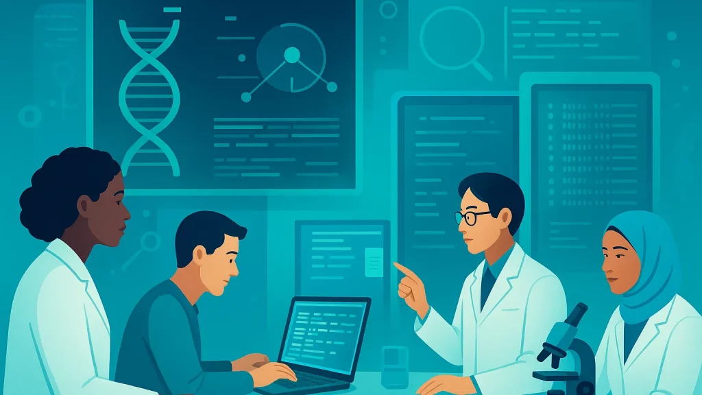 Illustration of four scientists in a lab, with digital screens displaying data, a DNA strand, and a microscope in the foreground.