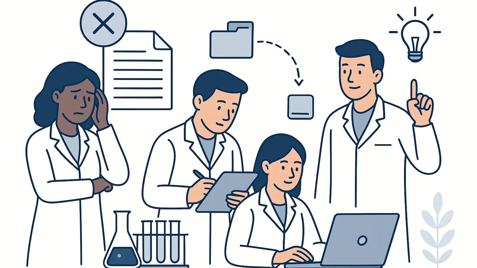 Illustration of four scientists in a lab, with one looking worried, another writing on a clipboard, a third using a laptop, and the fourth having a lightbulb idea above their head.
