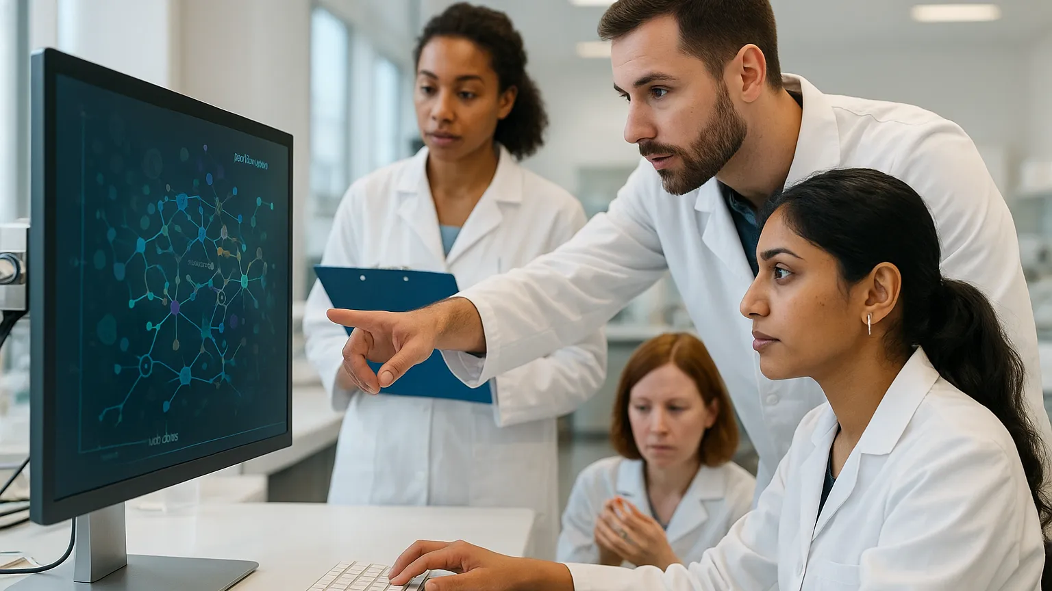 Researchers in lab coats focused on a computer displaying data visuals. One scientist points at the screen while others observe and discuss.