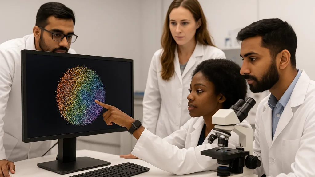 A group of scientists in lab coats looking at a colorful data visualization on a computer screen, with one person pointing at it and a microscope nearby.