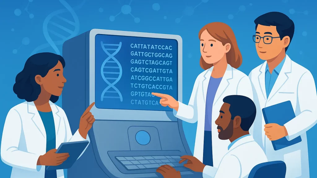 Illustration of four scientists in lab coats discussing DNA sequences displayed on a computer screen.