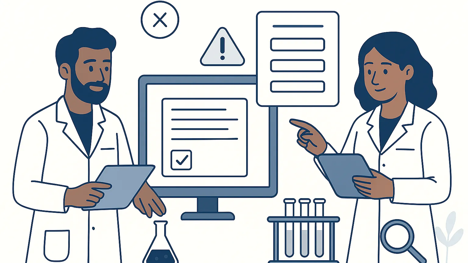 Illustration of two scientists wearing lab coats, holding tablets, and discussing information displayed on a computer screen in a laboratory.