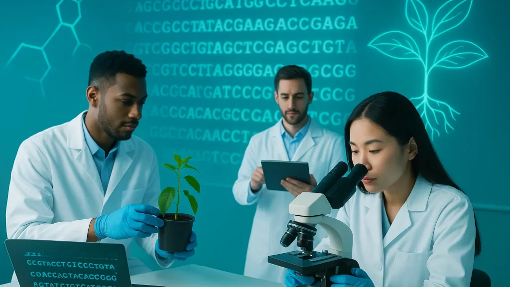 Three scientists in lab coats working in a laboratory. One is examining a potted plant, another is using a microscope, and the third is taking notes on a tablet. DNA sequences and a plant graphic are displayed in the background.