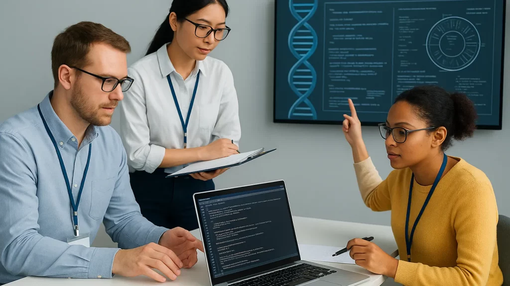Three individuals in a meeting room analyzing genetic research data on a laptop and a screen displaying a DNA helix and charts.