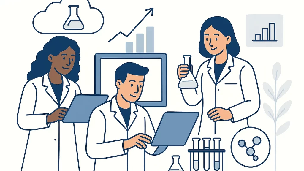 Illustration of three researchers in lab coats working together with a tablet and laboratory equipment, including test tubes and a beaker. Graphs and scientific symbols are shown in the background.