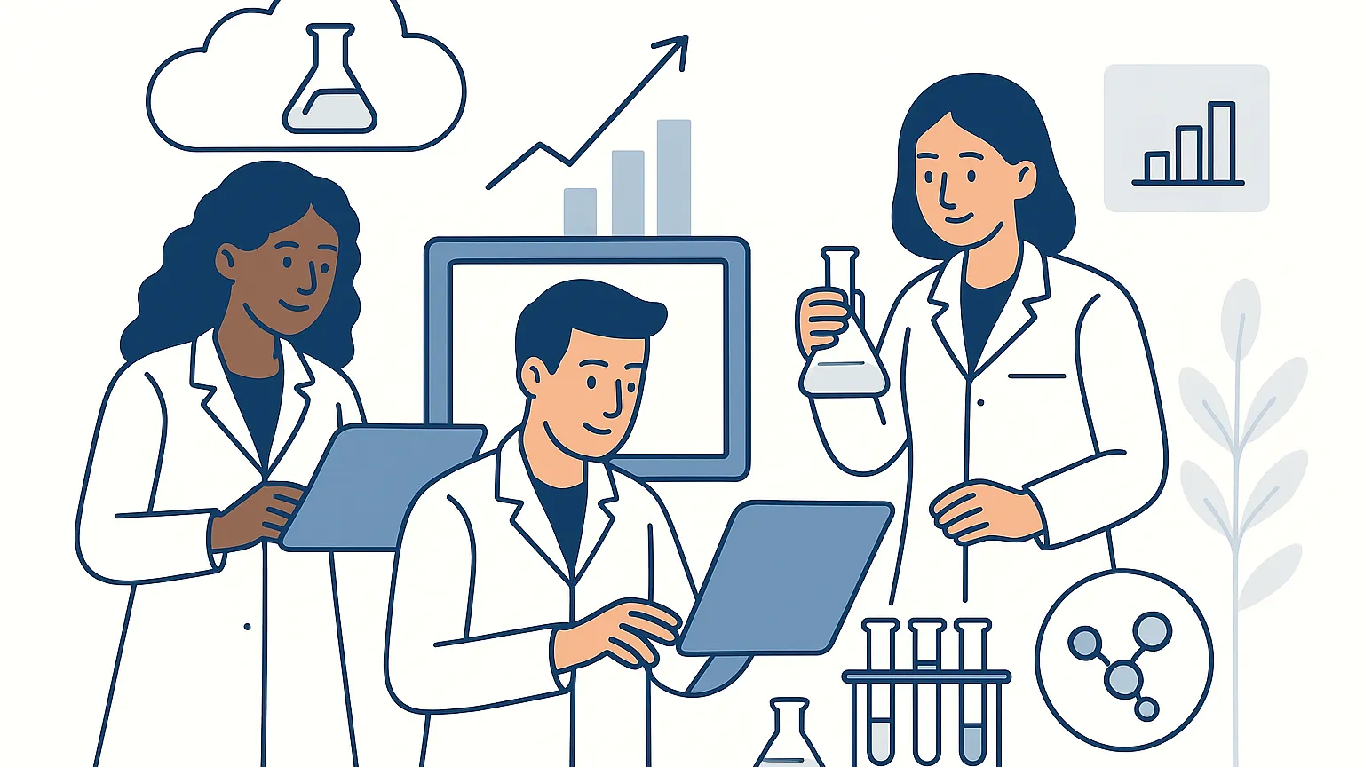 Illustration of three researchers in lab coats working together with a tablet and laboratory equipment, including test tubes and a beaker. Graphs and scientific symbols are shown in the background.