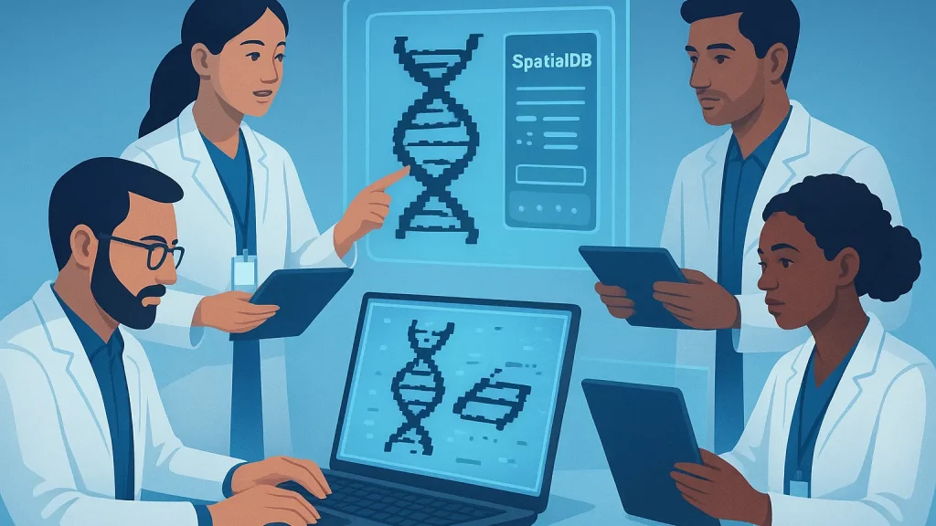 A group of scientists in lab coats analyze DNA data on screens and tablets in a laboratory setting.