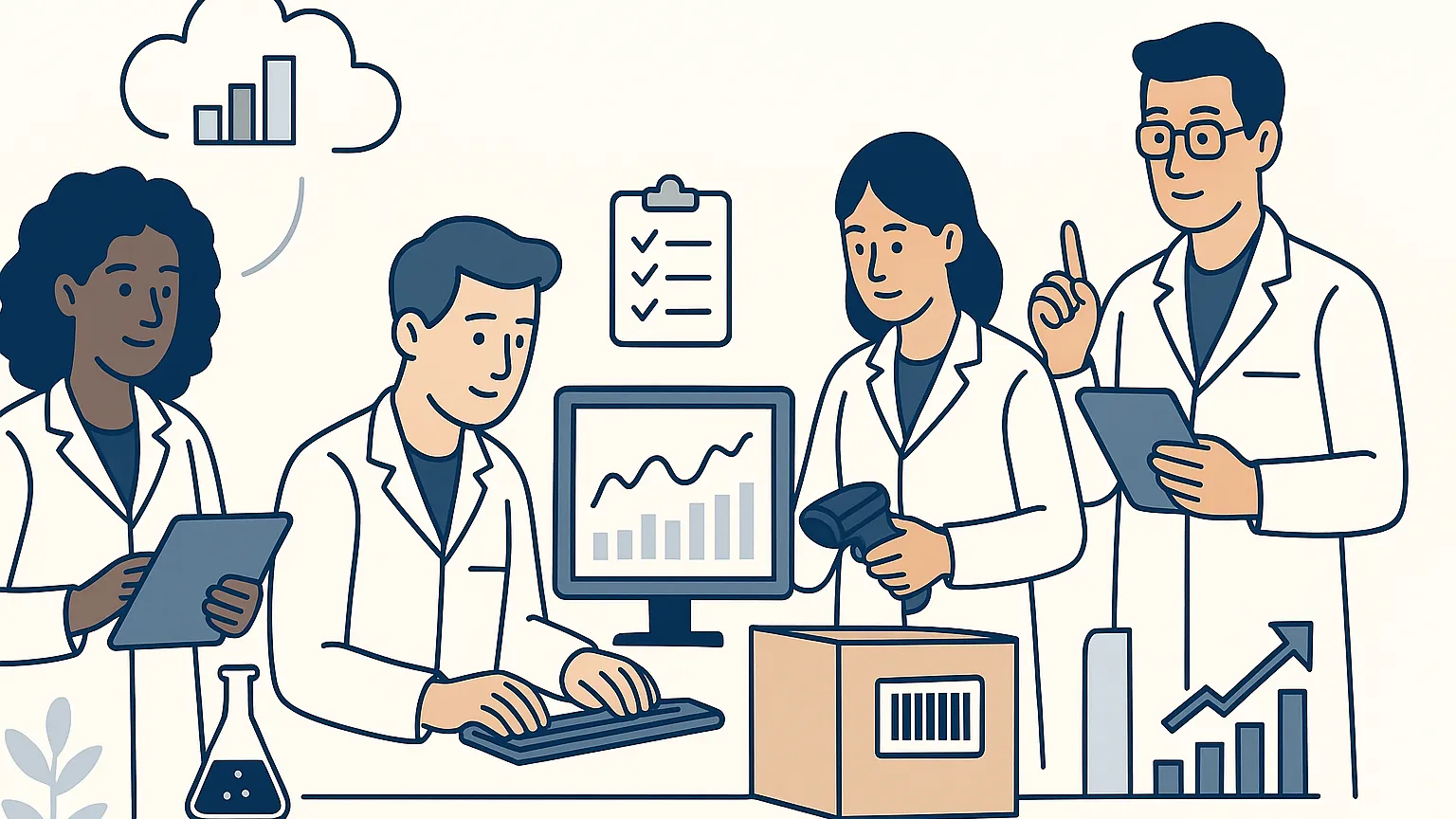 Illustration of four scientists in lab coats analyzing data on a computer, using a scanner on a box, and taking notes on tablets.