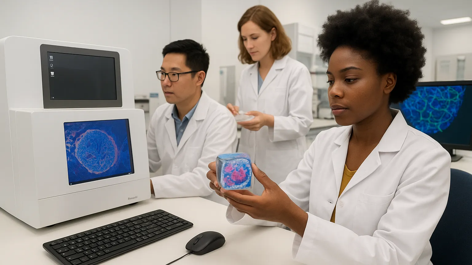 Three scientists in white lab coats working in a laboratory. One is examining a cube with cellular imagery, another is using a computer, and the third is holding a sample.