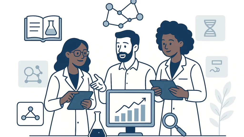 Illustration of three scientists in lab coats discussing research with graphs and molecular symbols in the background.
