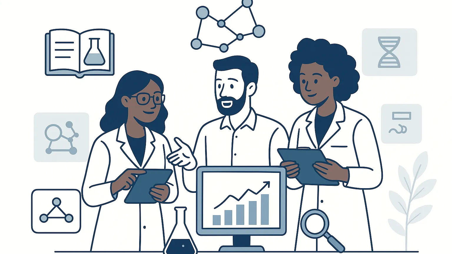 Illustration of three scientists in lab coats discussing research with graphs and molecular symbols in the background.