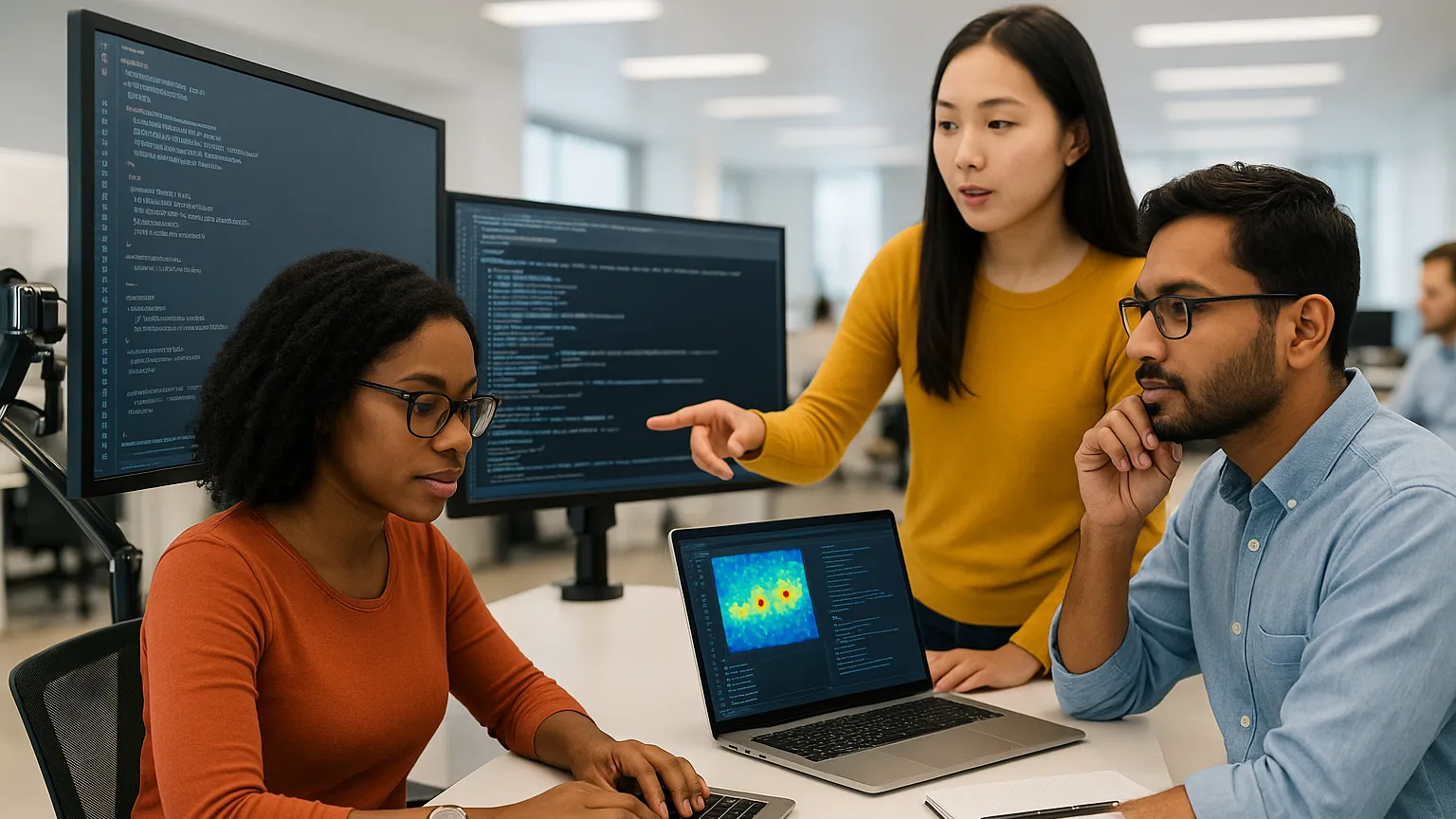 Three colleagues working together at a desk with multiple computer screens displaying code and data visualizations in a bright office space.