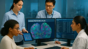 A group of researchers analyzing data on computer screens, featuring the Human Proteome Atlas, in a laboratory setting.