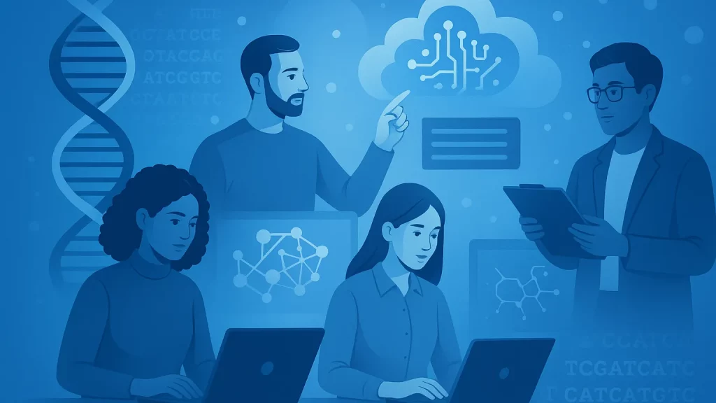 Illustration of four people working together on laptops with digital science and technology graphics, depicting a DNA strand and cloud computing, symbolizing collaboration in AI and genetics.