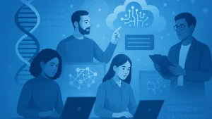 Illustration of four people working together on laptops with digital science and technology graphics, depicting a DNA strand and cloud computing, symbolizing collaboration in AI and genetics.