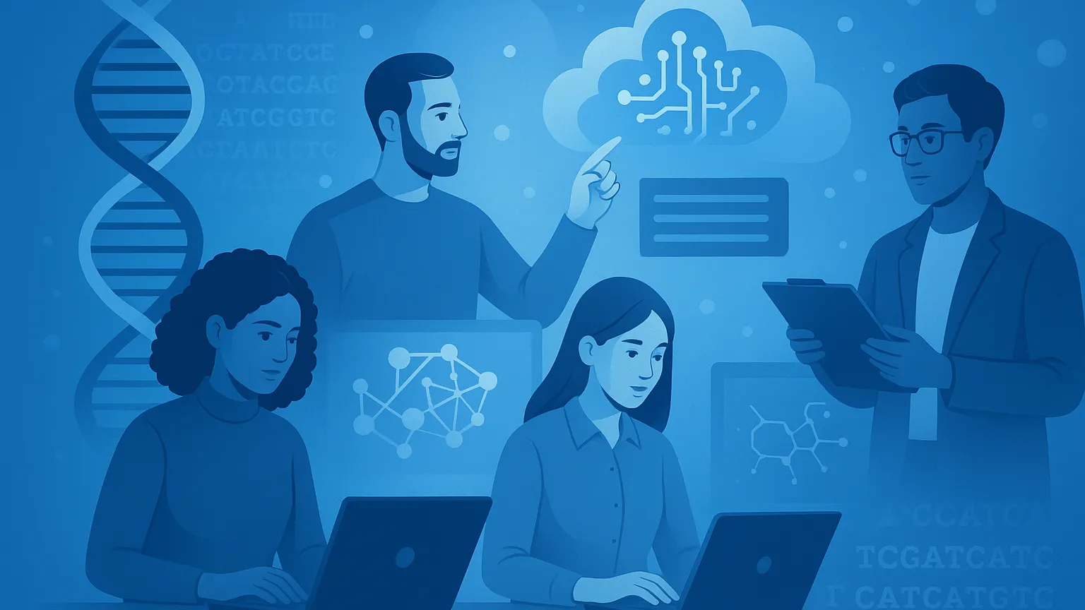 Illustration of four people working together on laptops with digital science and technology graphics, depicting a DNA strand and cloud computing, symbolizing collaboration in AI and genetics.
