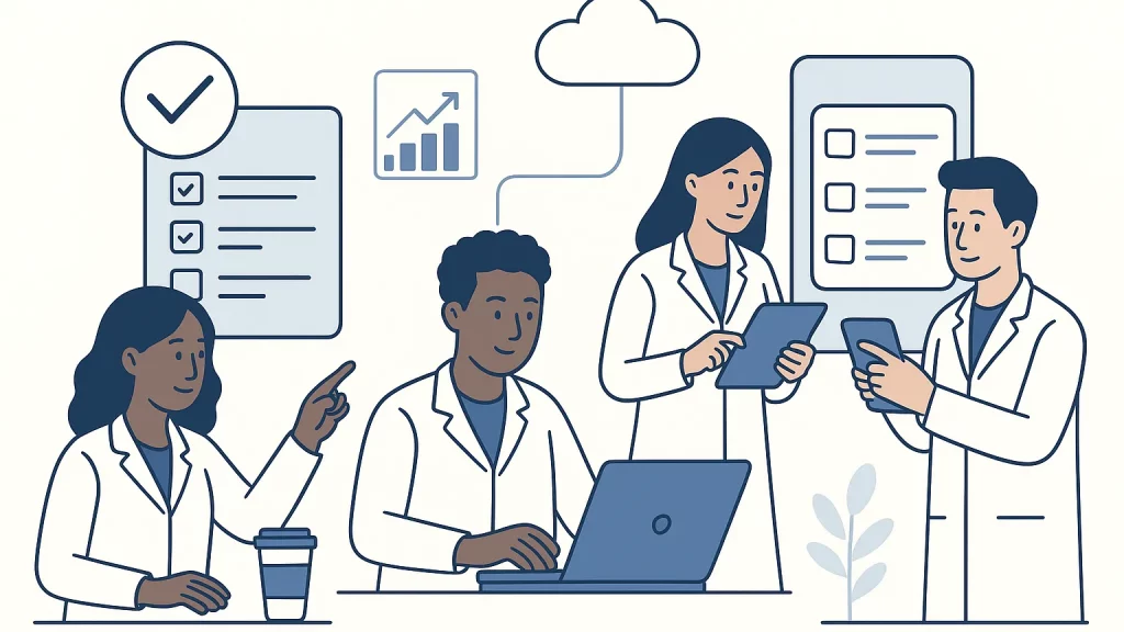 Illustration of four researchers in lab coats working together using a laptop and tablets, with charts and checklists in the background.