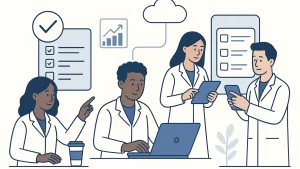 Illustration of four researchers in lab coats working together using a laptop and tablets, with charts and checklists in the background.
