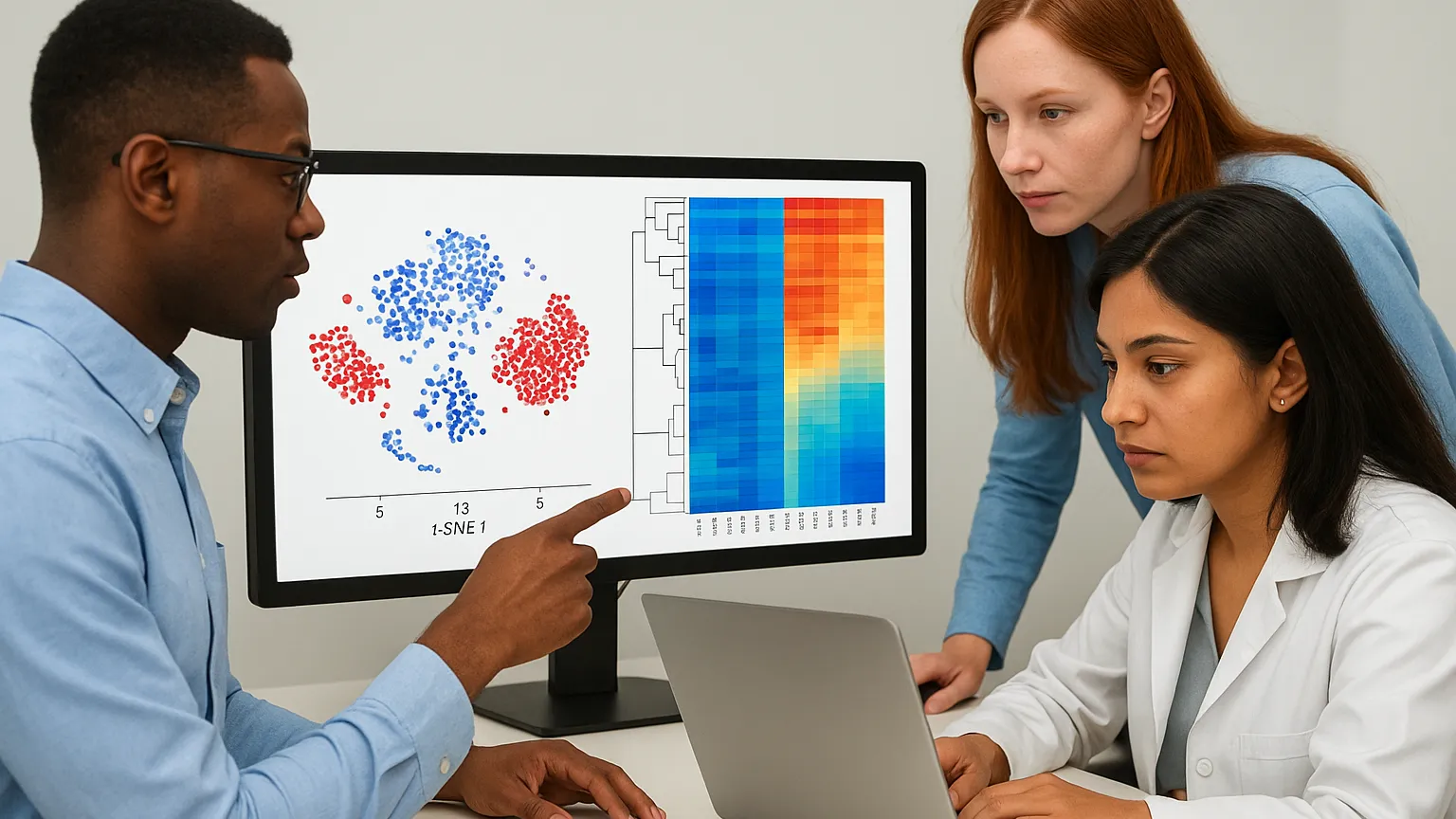 Three researchers reviewing charts and graphs displayed on a computer screen, focusing on data analysis.
