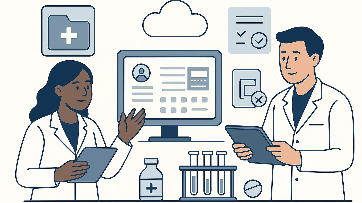 Illustration of two healthcare professionals using tablets and a computer to review patient information, with medical icons like a folder, test tubes, and a medication bottle in the background.