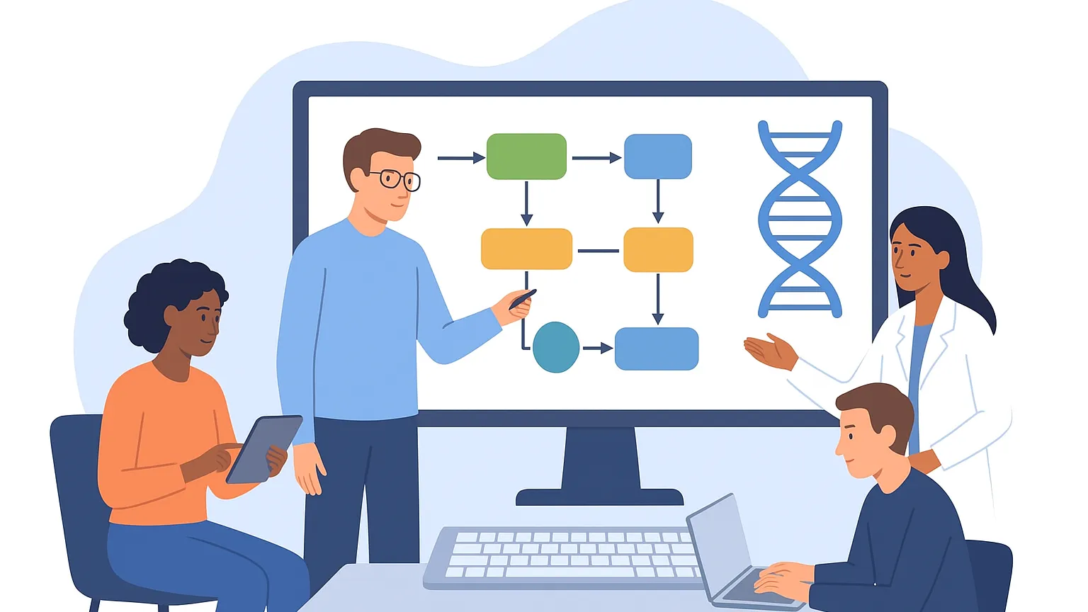 Four people working together on a science project with a flowchart and DNA illustration on a screen, using tablets and laptops.