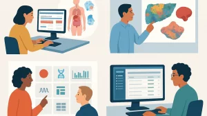 Illustration with four scenes showing individuals working on medical and data analysis tasks: a woman at a computer with anatomical diagrams, a person presenting colorful biological images, two people discussing charts and graphs, and a man analyzing data on a computer.