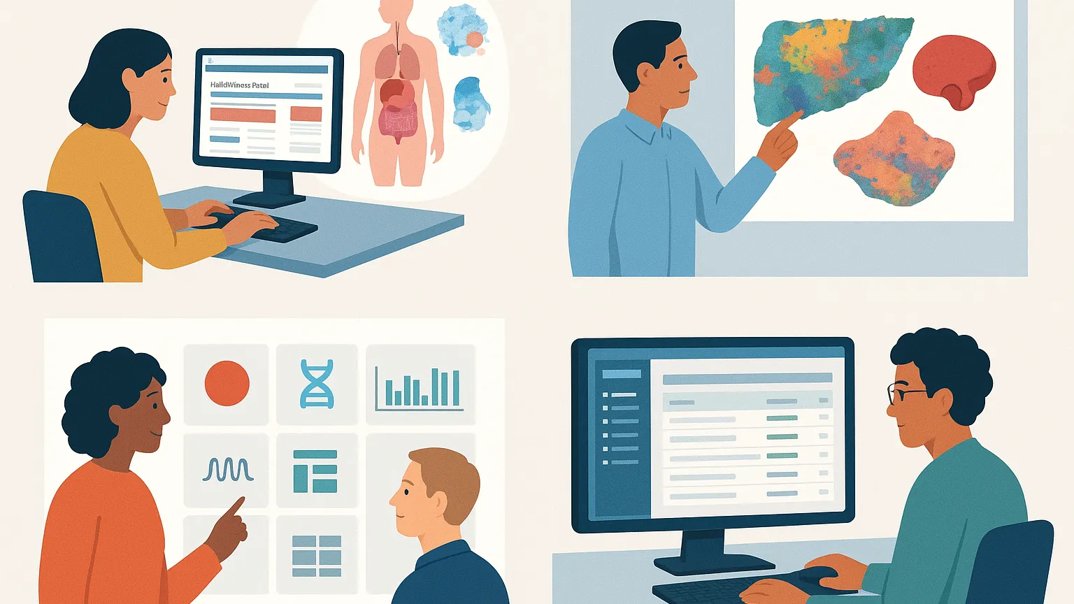 Illustration with four scenes showing individuals working on medical and data analysis tasks: a woman at a computer with anatomical diagrams, a person presenting colorful biological images, two people discussing charts and graphs, and a man analyzing data on a computer.