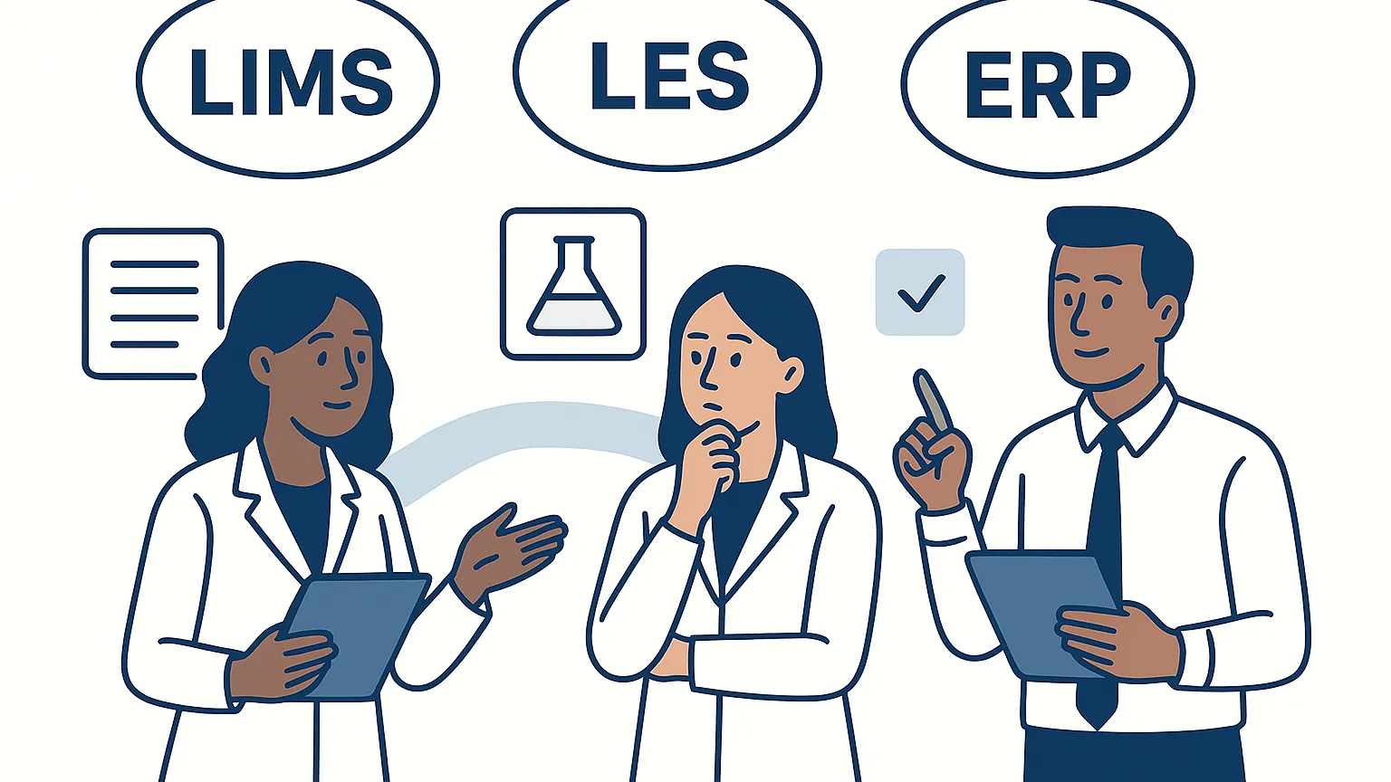 Illustration of three people in lab coats and business attire discussing various software systems represented by LIMS, LES, and ERP in speech bubbles.