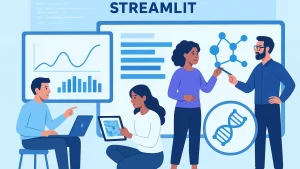 Illustration of four people engaging in data analysis and visualization using tablets and charts, under the text 'Streamlit'. One person is sitting with a laptop, another holding a tablet, while two others discuss molecular and genetic diagrams.