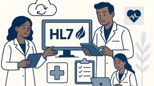 Illustration of healthcare professionals using digital devices and HL7 technology, with medical symbols in the background.