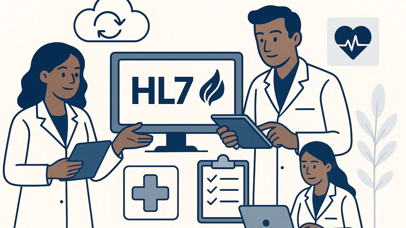 Illustration of healthcare professionals using digital devices and HL7 technology, with medical symbols in the background.