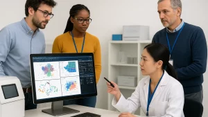 Four people in a meeting, looking at data visualizations on a computer monitor. One person is pointing at the screen, others are observing attentively.