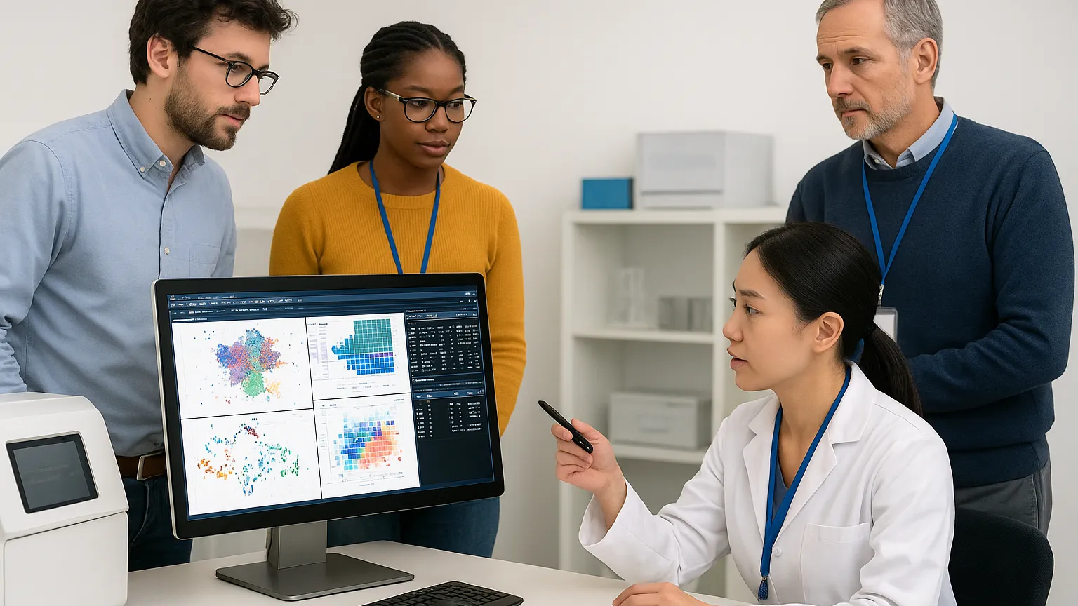 Four people in a meeting, looking at data visualizations on a computer monitor. One person is pointing at the screen, others are observing attentively.