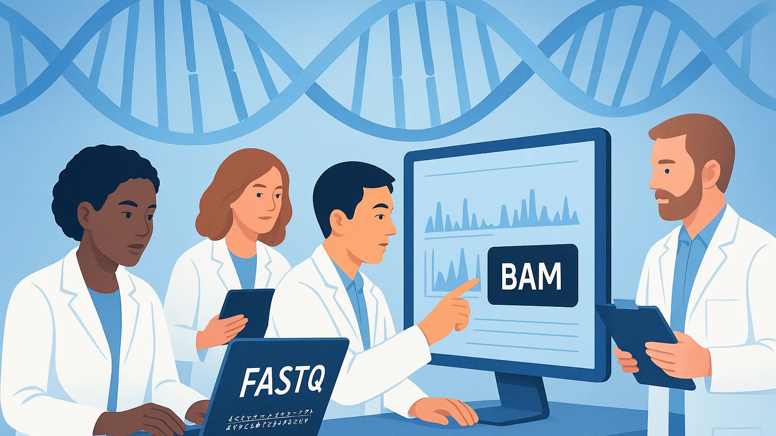 Illustration of four scientists in a lab, one typing on a laptop labeled FASTQ, another pointing at a screen displaying a graph labeled BAM, with DNA strands in the background.