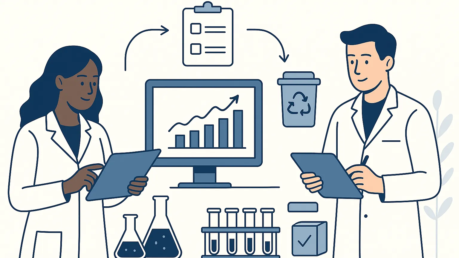 Illustration of two scientists with digital tablets, a computer displaying a graph, lab equipment, and recycling and clipboard icons.