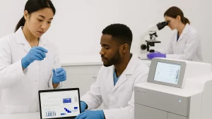 Two scientists in lab coats working with a pipette and a laptop displaying graphs, while another scientist observes through a microscope in the background.