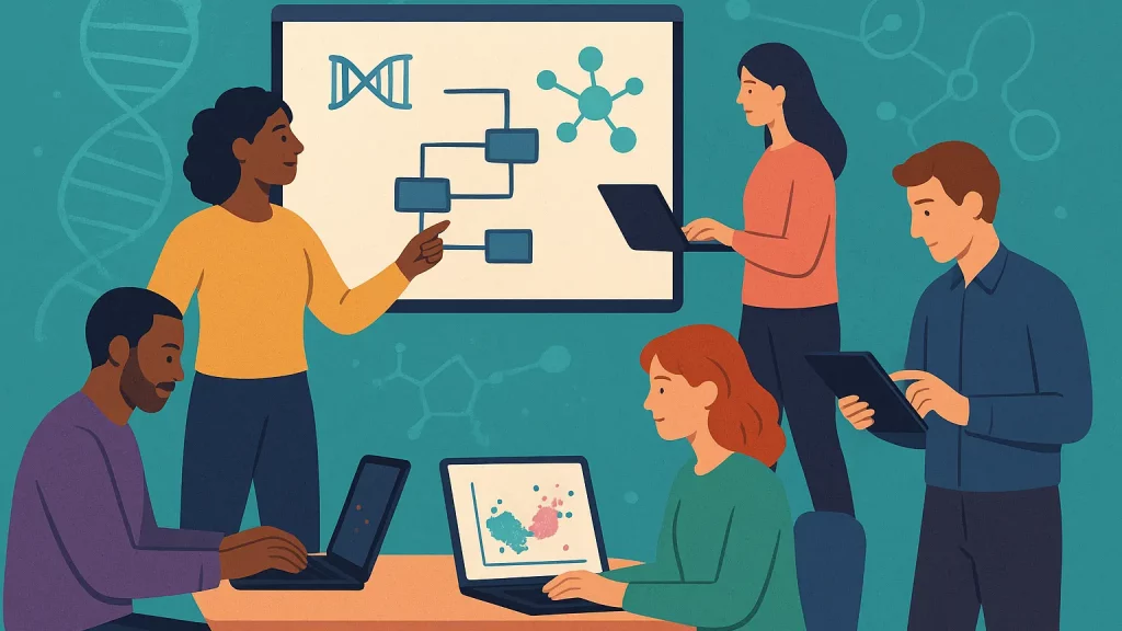 Illustration of a diverse team working on laptops and tablets, discussing scientific concepts in front of a board showing DNA, flowcharts, and molecules.