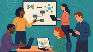 Illustration of a diverse team working on laptops and tablets, discussing scientific concepts in front of a board showing DNA, flowcharts, and molecules.