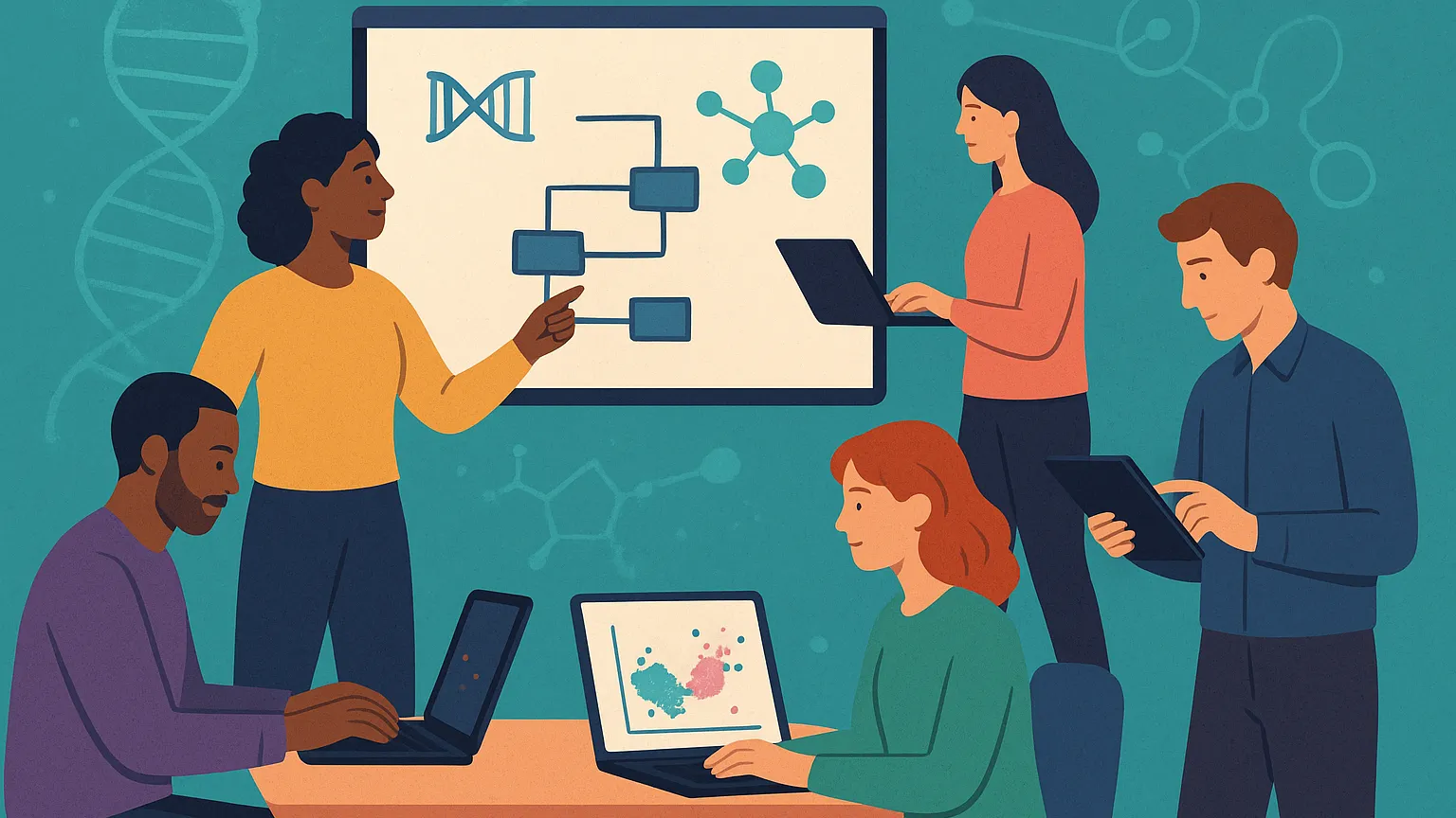 Illustration of a diverse team working on laptops and tablets, discussing scientific concepts in front of a board showing DNA, flowcharts, and molecules.