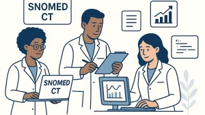 Illustration of three medical professionals collaborating with SNOMED CT for data analysis, one holding a clipboard, another using a laptop, and the third working at a computer.
