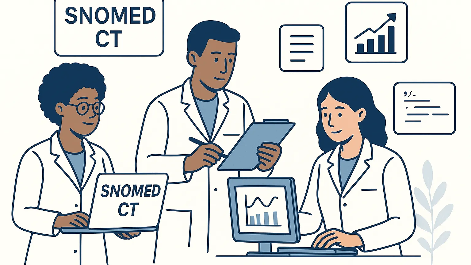 Illustration of three medical professionals collaborating with SNOMED CT for data analysis, one holding a clipboard, another using a laptop, and the third working at a computer.