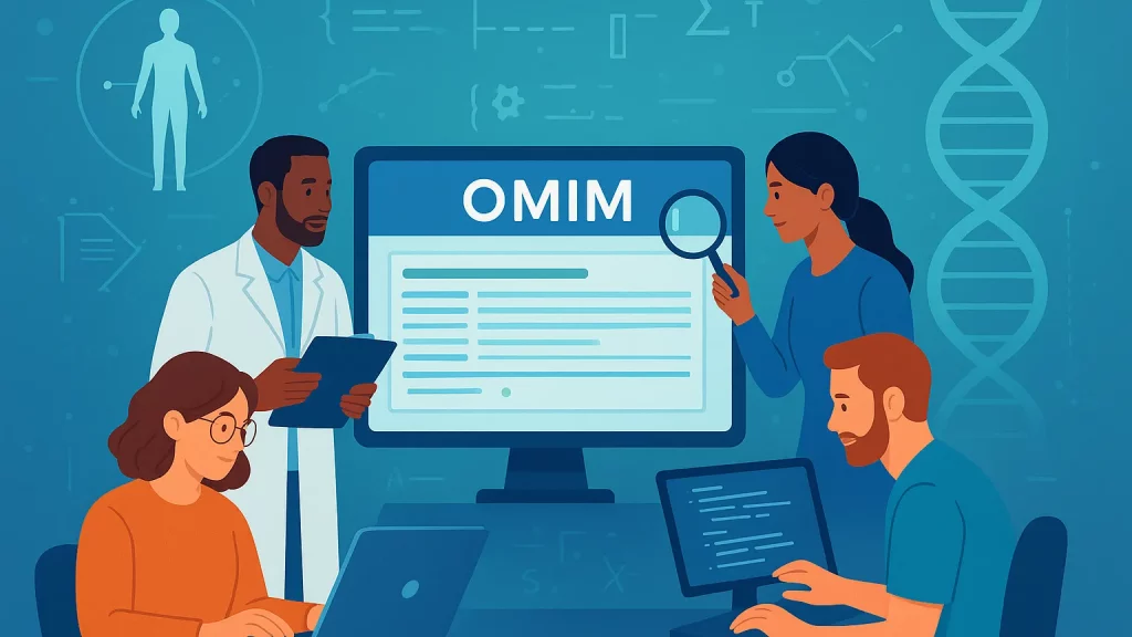 Illustration of four researchers, two men and two women, working with the OMIM database on computers. A DNA helix and a human outline are in the background.