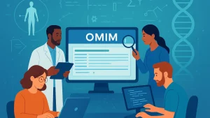 Illustration of four researchers, two men and two women, working with the OMIM database on computers. A DNA helix and a human outline are in the background.