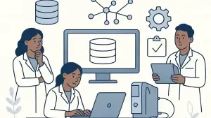 Illustration of three scientists working together, featuring a computer screen, laptop, and network icons, symbolizing data analysis and teamwork in a digital environment.
