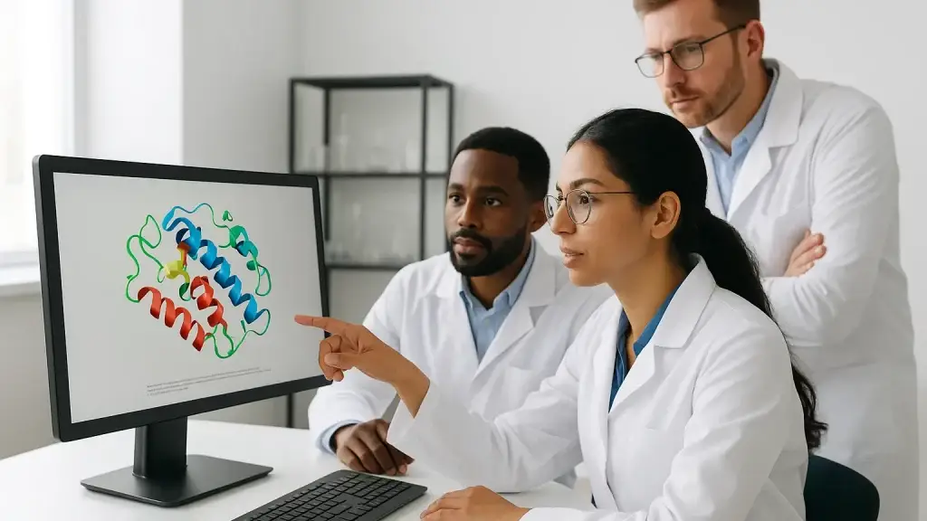 Three scientists in lab coats studying a molecular diagram on a computer in a laboratory setting.